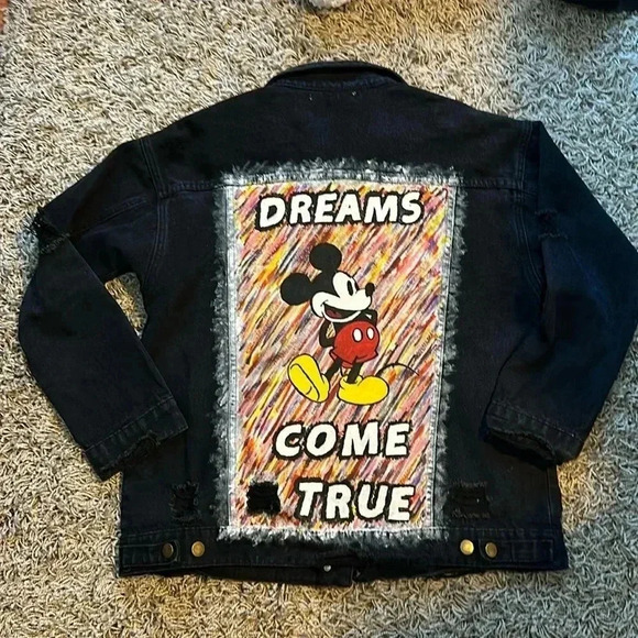 Black Rainbow Colored Mickey Painted Distressed Upcycled Jean Jacket Size Med - Picture 2 of 6